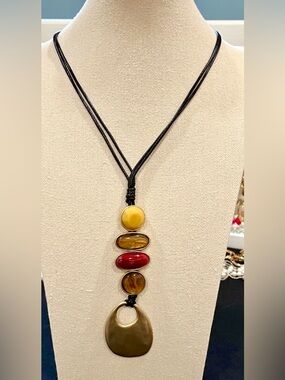 NWT Chico's Gold Tone Cord Necklace with Gold and Red Accents